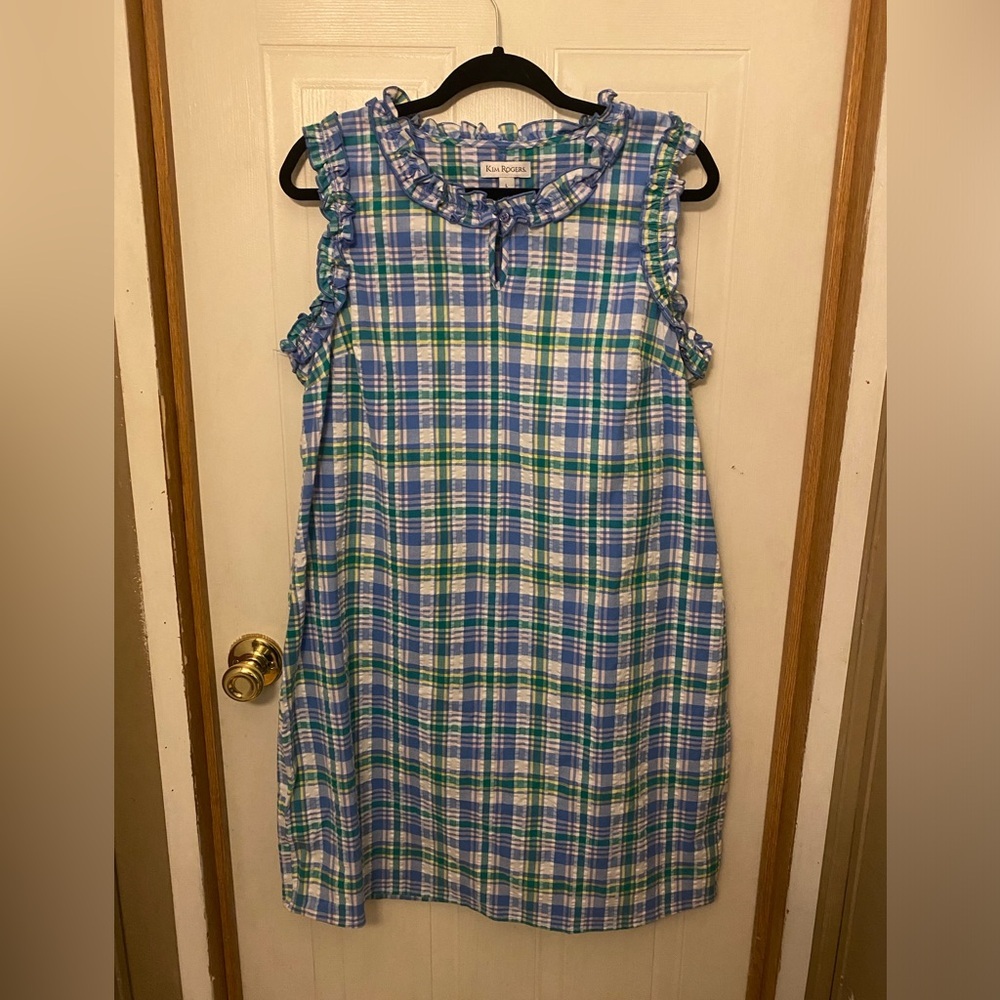 Kim Rogers Blue, Green and White Plaid Ruffle-Trim Midi Dress